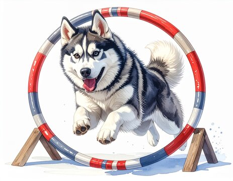 A happy Siberian Husky dog joyfully jumping through an agility hoop in a watercolor illustration.