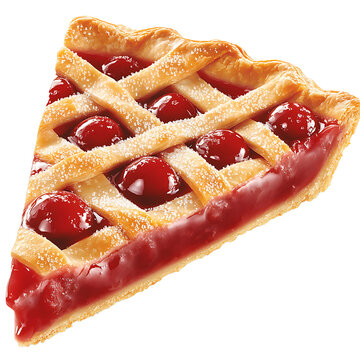 A slice of cherry pie with a lattice crust, showcasing vibrant red filling and golden pastry.