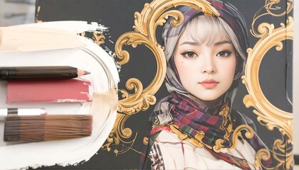 Digital portrait of woman, art supplies