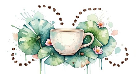 Watercolor coffee cup with beans and lotus leaves creating a serene and artistic illustration