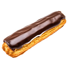 Obraz premium Chocolate Eclair with Smooth Glaze on White Background