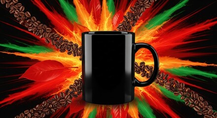 A black mug with coffee beans and a red leaf on a colorful abstract background with light streaks