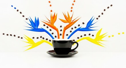 A black coffee cup with colorful bird of paradise flowers and coffee beans on a white background