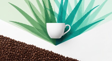 A white mug centered with coffee beans and green aloe leaves on a white background display shot