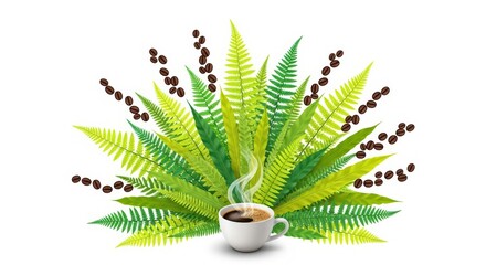 A cup of coffee surrounded by ferns and coffee beans on a white background studio shot display