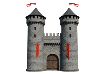 Majestic castle architecture with red banners, perfect for fantasy illustrations and historical designs