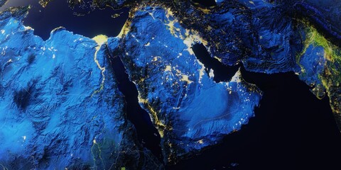 Saudi Arabia 5K 3D Night Topographic Relief  Map – High Resolution Terrain, Rivers and Lakes