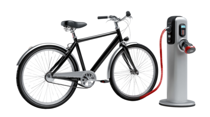 Eco-Friendly Ride: A sleek electric bicycle, connected to a modern charging station, symbolizing sustainable urban transport and environmental consciousness. 
