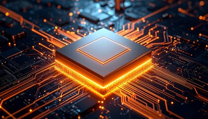 Glowing CPU Chip on Circuit Board with Technology  Futuristic Concept.