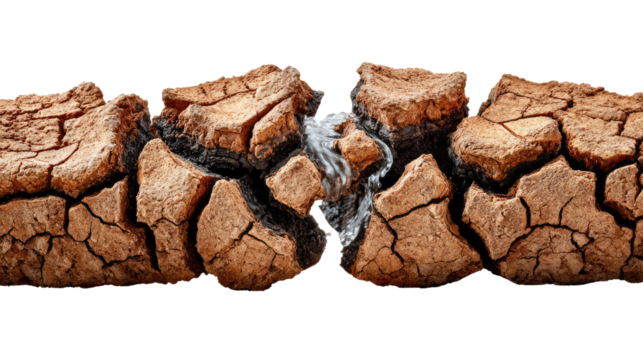 Cracked Earth: A dramatic view of cracked earth with water flowing through it, symbolizing resilience and the power of nature.