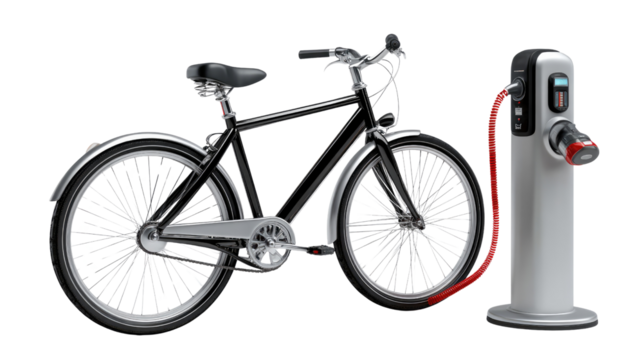 Eco-Friendly Ride: A sleek electric bicycle, connected to a modern charging station, symbolizing sustainable urban transport and environmental consciousness. 