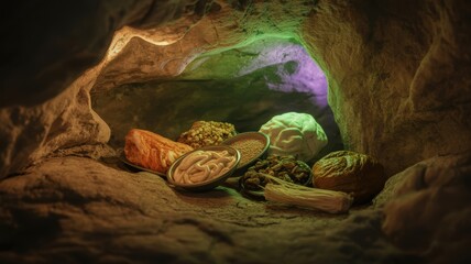 Unique cave food display with vibrant colors and textures creates a sense of wonder and discovery for adventurous eaters