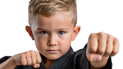Young Martial Artist's Determination: A focused young boy, embodying strength and discipline in his martial arts attire, demonstrates a poised and powerful stance, radiating determination and skill.