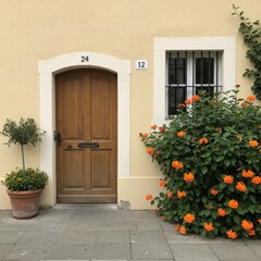 Fototapeta premium Mediterranean Building Facade with Orange Flowers