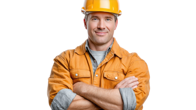 Construction Worker Portrait: A confident construction worker, adorned in a yellow hard hat and work wear, beams with a reassuring smile, embodies the spirit of a skilled craftsman.