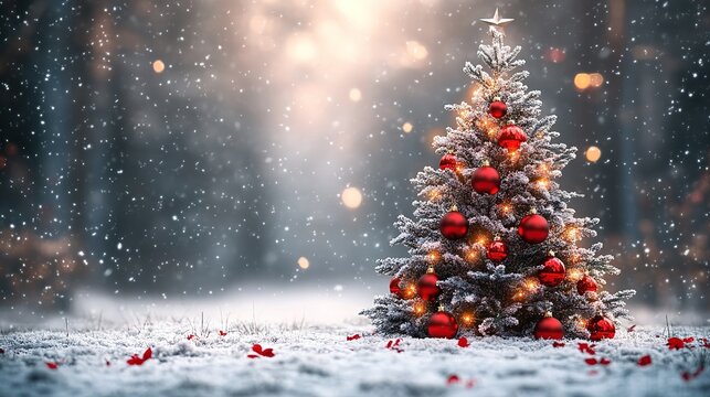 Christmas tree with colorful ornaments in snowy landscape, holiday background banner with space for text for greeting cards and marketing materials - Powered by Adobe