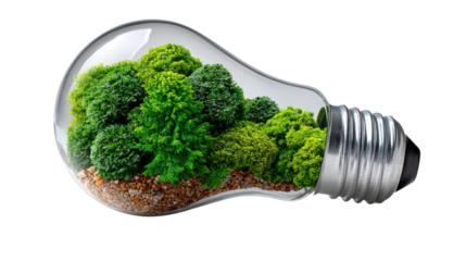 Eco-friendly Luminescence: A vibrant display of nature thrives within a light bulb. Showcasing a fusion of technology and the environment, where sustainable ideas and innovation come to life.