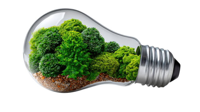 Eco-friendly Luminescence: A vibrant display of nature thrives within a light bulb. Showcasing a fusion of technology and the environment, where sustainable ideas and innovation come to life.