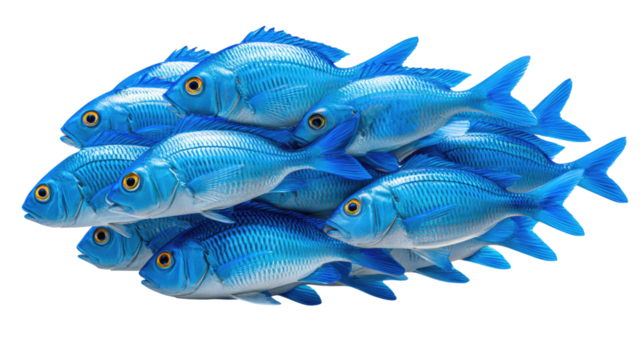 Blue fish in a school : A mesmerizing image showcases a cohesive group of blue fish, gracefully arranged, creating a stunning visual of teamwork and cooperation.