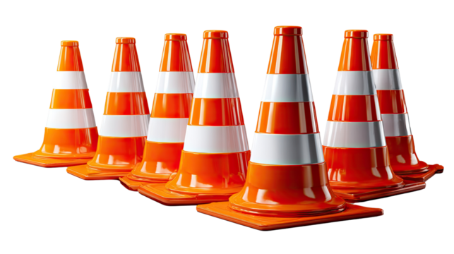 Safety Cones Lineup: A vibrant formation of traffic cones, meticulously arranged, signals a zone of caution.
