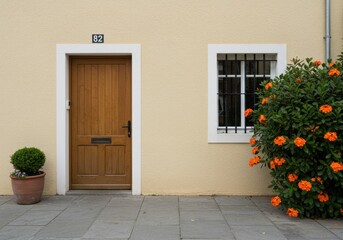 Fototapeta premium Mediterranean Building Facade with Orange Flowers