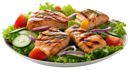 Grilled Salmon Salad: A visually appealing plate showcases succulent grilled salmon fillets, artfully arranged atop a bed of vibrant, crisp salad greens, complemented by fresh vegetables. 