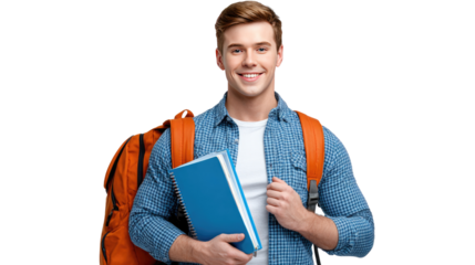 Student with Book and Backpack: A confident young student, ready for the academic year, smiles warmly while clutching a book and wearing a backpack, symbolizing learning and personal growth. 
