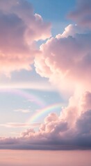 A breathtaking pastel sky filled with fluffy clouds and a vibrant rainbow, creating a serene and dreamy atmosphere.