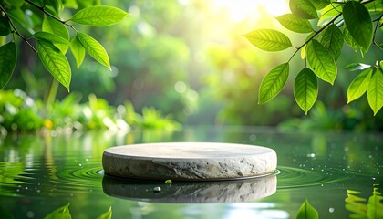 Minimalist Natural Stone Podium in Green Nature with Sunlight Reflection, Product Display Background