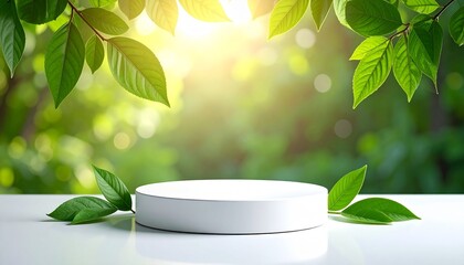Minimalist White Podium in Nature with Green Leaves and Sunlight, Product Display Background
