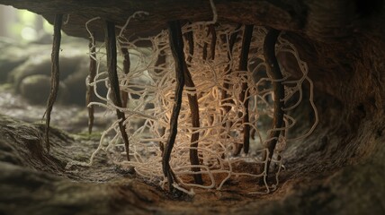 Mysterious glowing mycelium network connecting tree roots in dark forest undergrowth, discover nature's hidden wonders today