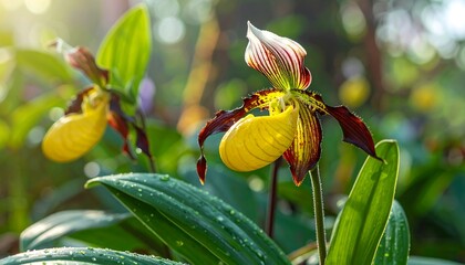 Vibrant yellow and burgundy orchid blossoms, highlighted by morning sunlight, showcase intricate details and a natural beauty in a lush garden setting.