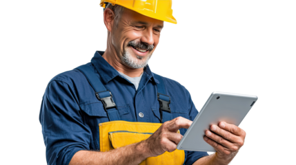 Construction Professional Leveraging Technology: A seasoned construction professional, clad in safety gear, engages with a digital tablet.