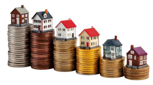 Property Value Decline: A series of miniature houses, representing residential properties, perched atop diminishing stacks of coins, visually illustrating the concept of decreasing property values.