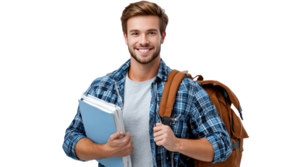 Student Ready for Study: A young and cheerful student, shouldering a backpack and clutching a book, embodies enthusiasm for learning and university life.
