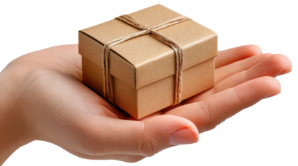 Gift in Hand: A close-up shot showcases a delicate gift box, bound securely, resting gently in an open hand, evoking anticipation and generosity.