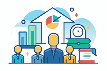 Flat vector icon of a business trainer giving a financial presentation with a dollar sign on a board in front of an audience. Perfect for illustrating concepts such as business training, investment ed