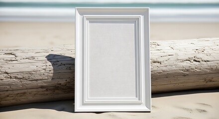 Empty White Picture Frame Mockup Leaning on Beach Driftwood by the Ocean