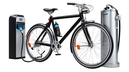 Electric Bicycle and Charging Station: A sleek, modern electric bicycle stands proudly next to a charging station, symbolizing sustainable transportation and eco-friendly practices.