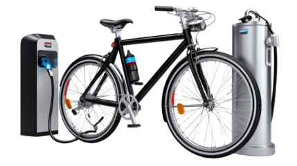 Electric Bicycle and Charging Station: A sleek, modern electric bicycle stands proudly next to a charging station, symbolizing sustainable transportation and eco-friendly practices.