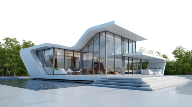 Modern Villa's Architectural Elegance: A stunning, modern villa stands in all its glory, showcasing a futuristic design with sleek lines, expansive glass walls, and a minimalist aesthetic. - Powered by Adobe