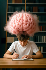Surreal concept of student studying with giant brain cloud above head symbolizing knowledge learning focus creativity imagination education concept