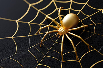 Golden spider on shiny metallic spider web over black background luxury halloween decoration spooky abstract concept