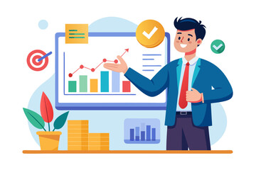 Flat vector icon of a business trainer giving a financial presentation with a dollar sign on a board in front of an audience. Perfect for illustrating concepts such as business training, investment ed