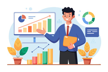 Flat vector icon of a business trainer giving a financial presentation with a dollar sign on a board in front of an audience. Perfect for illustrating concepts such as business training, investment ed