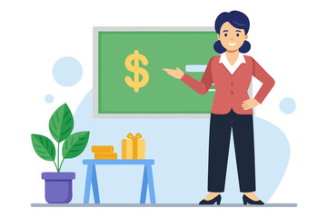 Flat vector icon of a business trainer giving a financial presentation with a dollar sign on a board in front of an audience. Perfect for illustrating concepts such as business training, investment ed