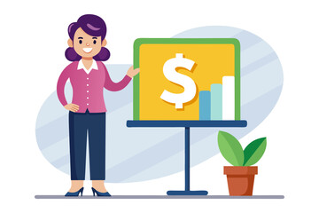 Flat vector icon of a business trainer giving a financial presentation with a dollar sign on a board in front of an audience. Perfect for illustrating concepts such as business training, investment ed
