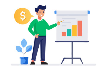 Flat vector icon of a business trainer giving a financial presentation with a dollar sign on a board in front of an audience. Perfect for illustrating concepts such as business training, investment ed