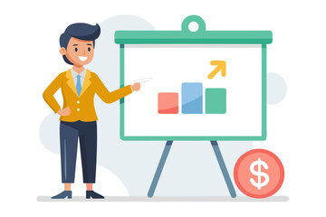 Flat vector icon of a business trainer giving a financial presentation with a dollar sign on a board in front of an audience. Perfect for illustrating concepts such as business training, investment ed