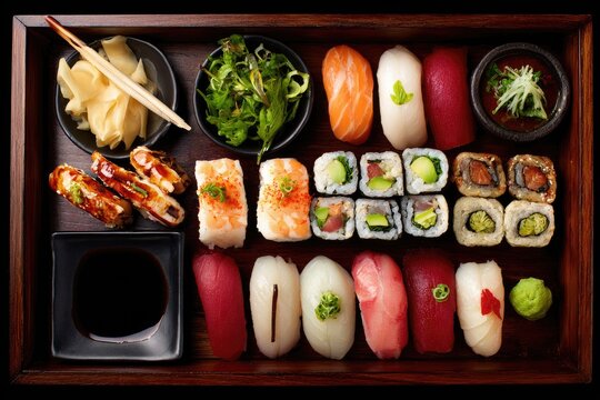Assorted sushi and sashimi in a wooden tray